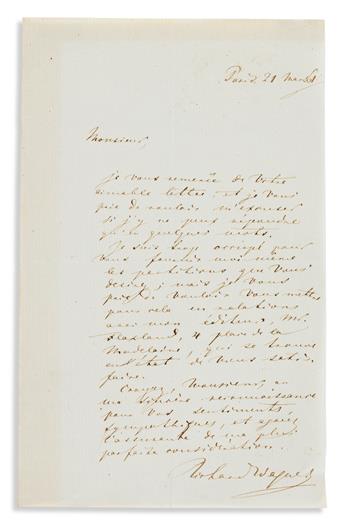 WAGNER, RICHARD. Autograph Letter Signed, to G[abriel?] Vicaire, in French, declining to send scores and referring him to his publisher